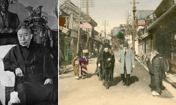 不二家の創業者、藤井林右衛門／不二家創業当時の1910年頃の横浜・元町の街並み。